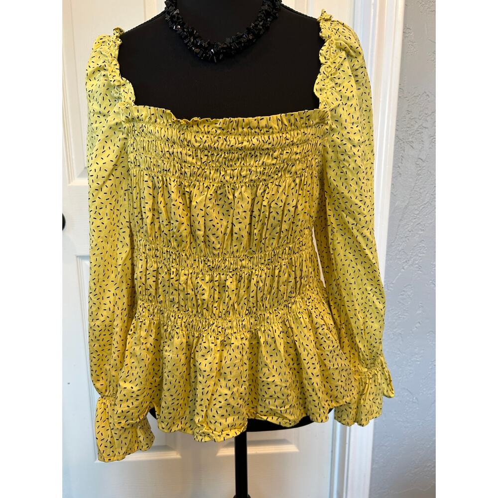 Who What Wear Womens Large L Yellow Ditsy Smocked Peplum Blouse Square Neck Boho - Picture 8 of 12